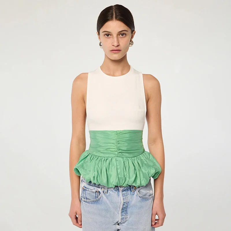 Ruffle Pullover Vest Patchwork O Neck Ruched Skinny Club Tank Tops - Image 12