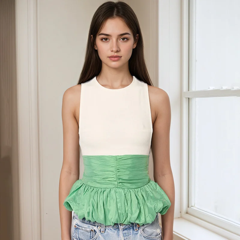 Ruffle Pullover Vest Patchwork O Neck Ruched Skinny Club Tank Tops - Image 13