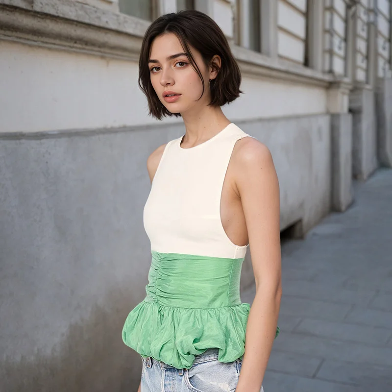 Ruffle Pullover Vest Patchwork O Neck Ruched Skinny Club Tank Tops - Image 14