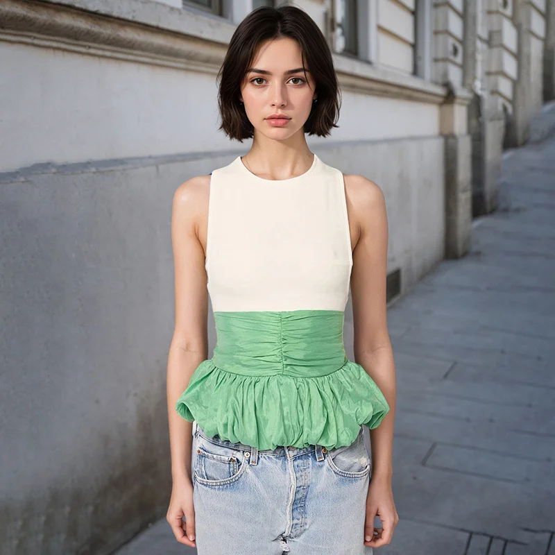 Ruffle Pullover Vest Patchwork O Neck Ruched Skinny Club Tank Tops - Image 15