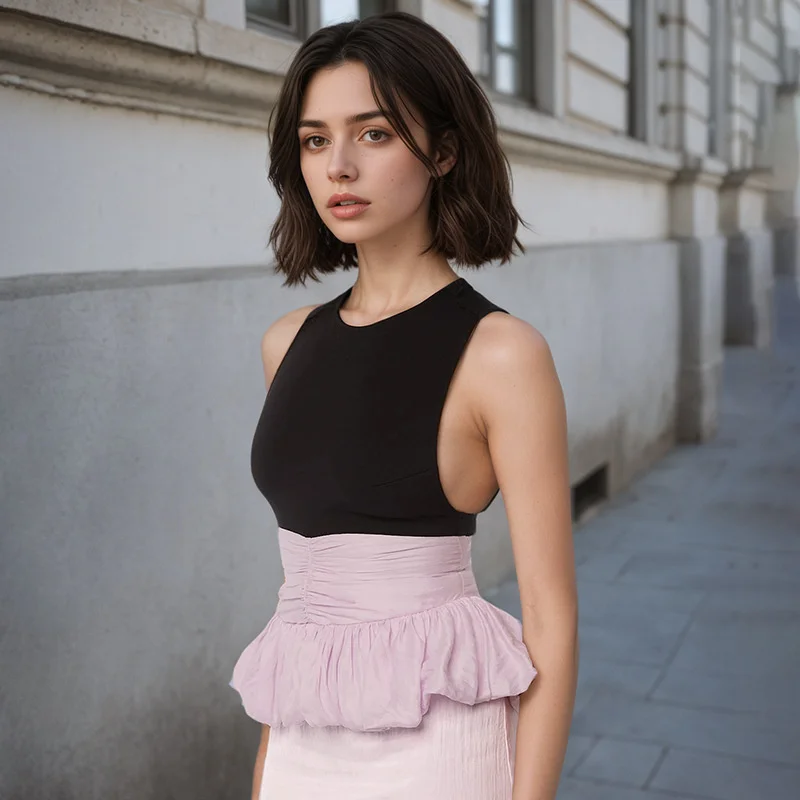 Ruffle Pullover Vest Patchwork O Neck Ruched Skinny Club Tank Tops - Image 2