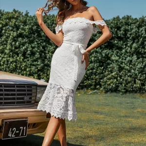 Ruffles Lace Sash Belted With Off-Shoulder Midi Dress
