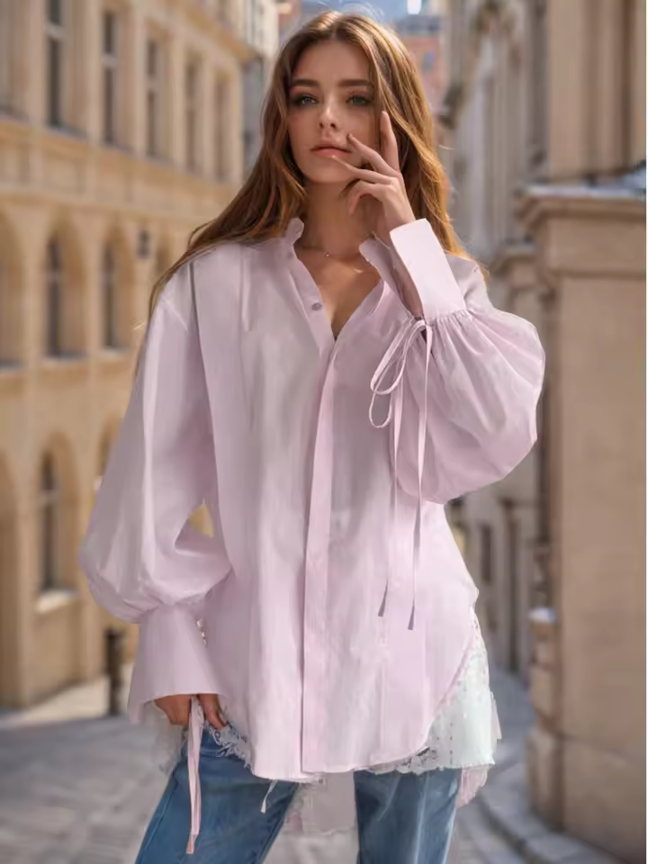 Elegant Cotton Casual Lapel Long Sleeve Classic Lace-Up Top Designer Shirt