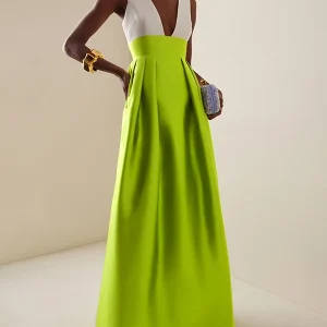 Elegant High Waisted Deep V-Neck Party Wedding Guest Evening Cocktail Maxi Dresses