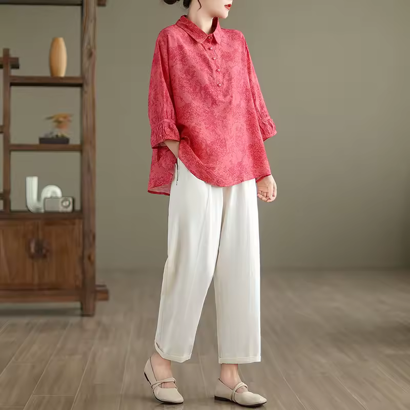 Vintage Print Casual 2 Piece Set Short Sleeve Loose T-shirt Tops Femme Harem Pants Suits