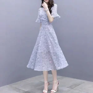 Satin Bandage Flower Silk Chiffon Floral Short Sleeve Midi on Promotion Elegant and Pretty Dresses