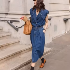 Retro High-End Sleeveless Denim Lapel Vest Top Paired With Slim Fit Skirt Two-Piece Set