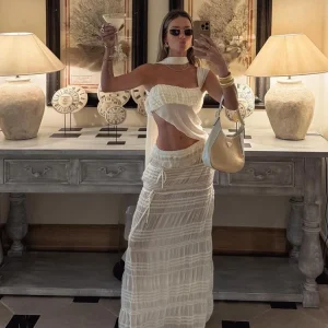 Scarf Strapless Top Mesh Irregular Hem Multi-Pleated Skirt Beach Party Matching Pretty Suits