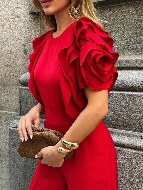 Elegant Office Lady Short Sleeves Wide Leg Full Length Jumpsuit - Image 5