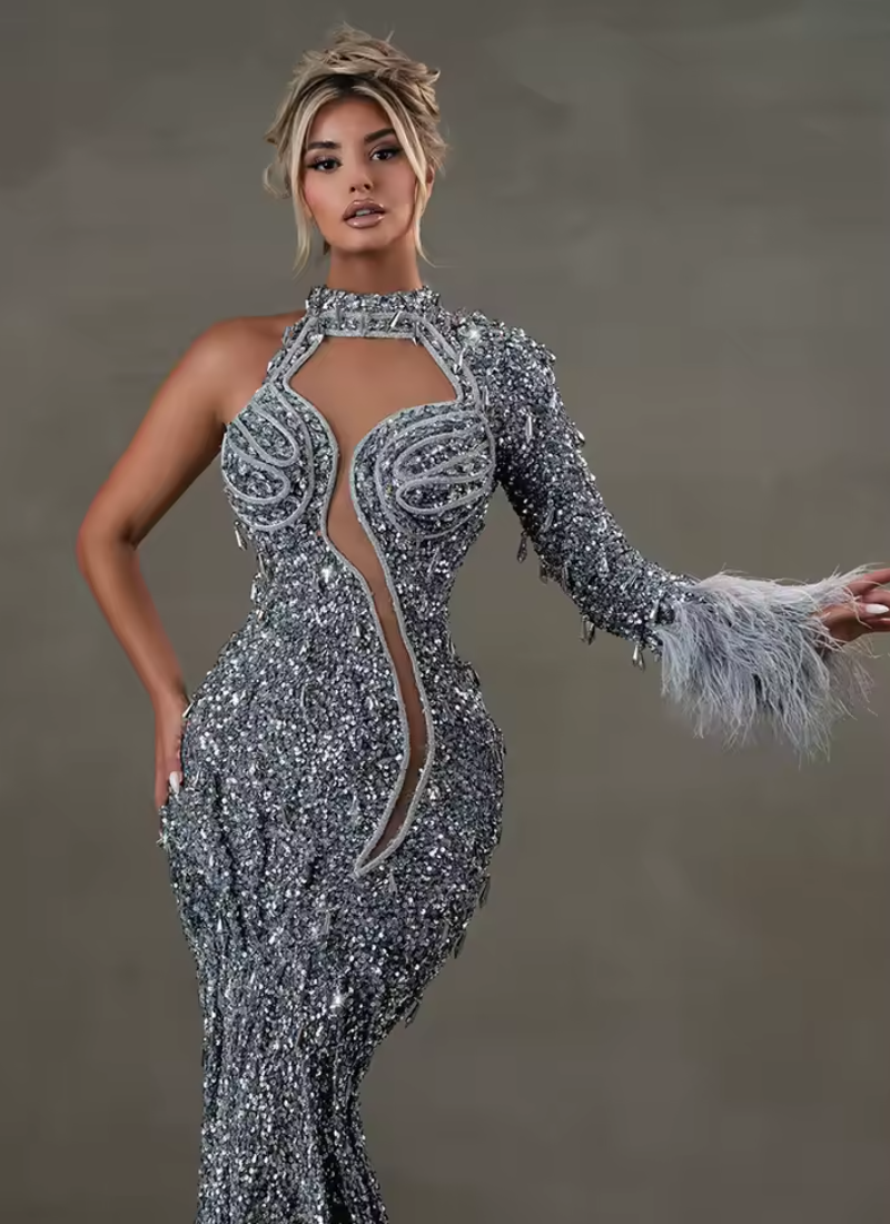 Sequin Erotic One-Shoulder Gown with Feather Detail for a Fashion Event Dress - Image 3