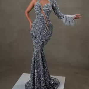 Sequin Erotic One-Shoulder Gown with Feather Detail for a Fashion Event Dress
