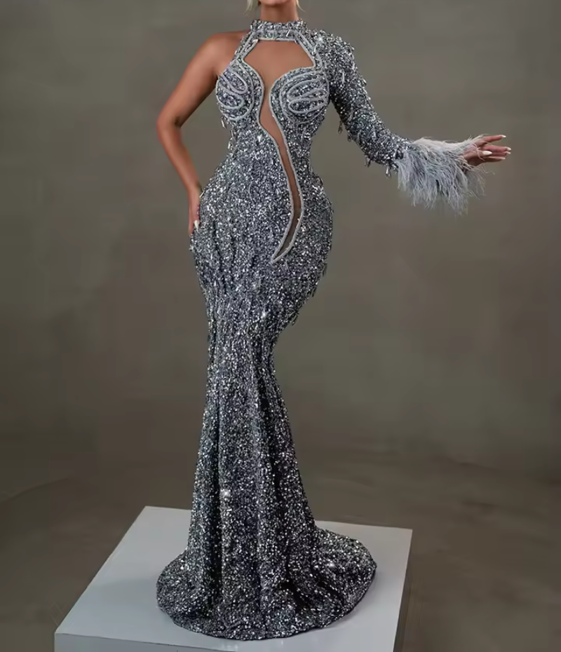 Sequin Erotic One-Shoulder Gown with Feather Detail for a Fashion Event Dress