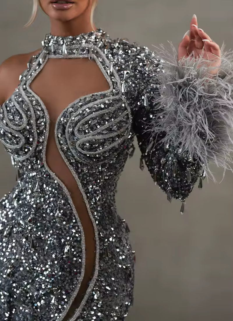 Sequin Erotic One-Shoulder Gown with Feather Detail for a Fashion Event Dress - Image 2
