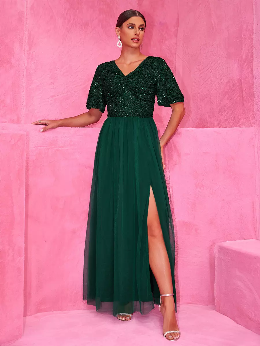 Sequined High Slit For Evening Events Maxi Party Dress