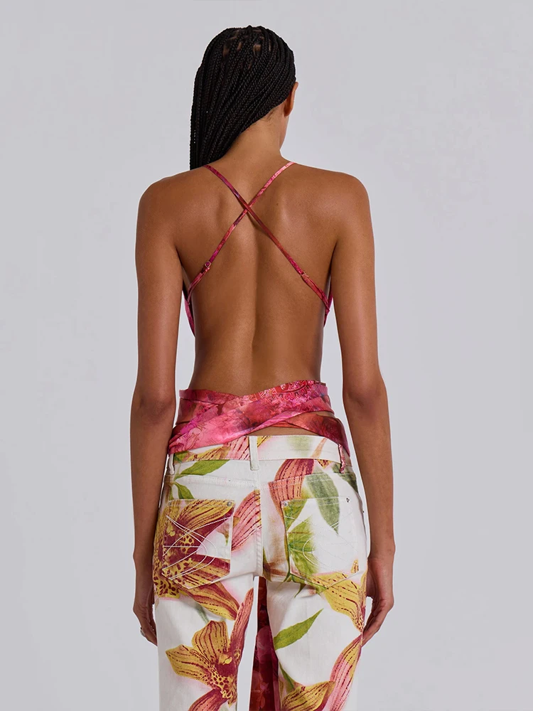 Sequined Solid Cool Cleavage Backless Lace Up Crop Tops - Image 5