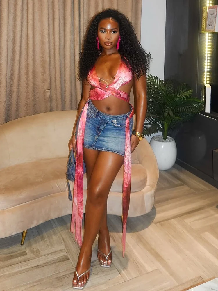 Sequined Solid Cool Cleavage Backless Lace Up Crop Tops - Image 2