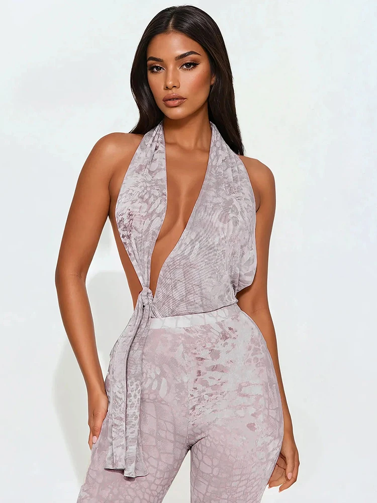 Serpentine Print Hollow Halter Low-Neck Ruched Knot Backless Skinny Peach Buttocks Jumpsuits - Image 7