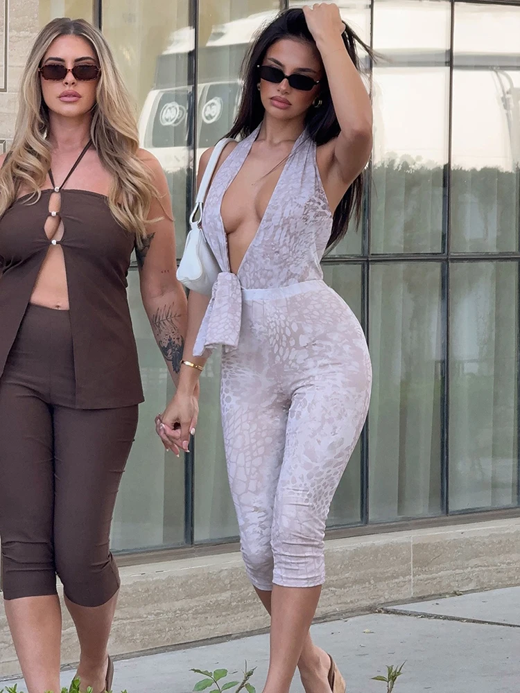 Serpentine Print Hollow Halter Low-Neck Ruched Knot Backless Skinny Peach Buttocks Jumpsuits - Image 4