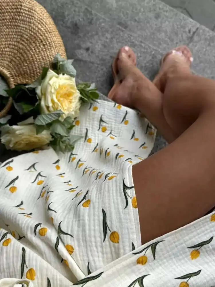 Elegant Cotton A-line Muslin With Side Slits Flowers Midi Dresses - Image 8