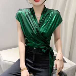 Shinny Short Sleeve Irregular Short Wrap Shirt Bandage Tops
