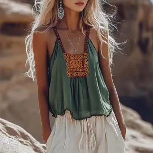 Simple Casual Ethnic Retro Suspenders Printed Lace Pullover Camisole Cotton linen Shirt Top