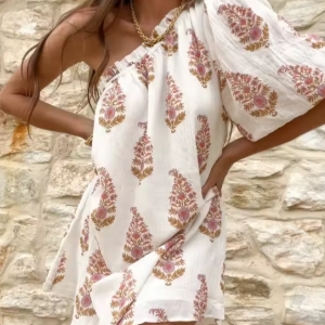 Simple Plant Print Pleated Diagonal Shoulder Lantern Sleeve Casual Loose Fitting Dress