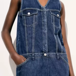 Simple Sleeveless V-neck Pocket Decoration Denim Jumpsuit Mini Dress