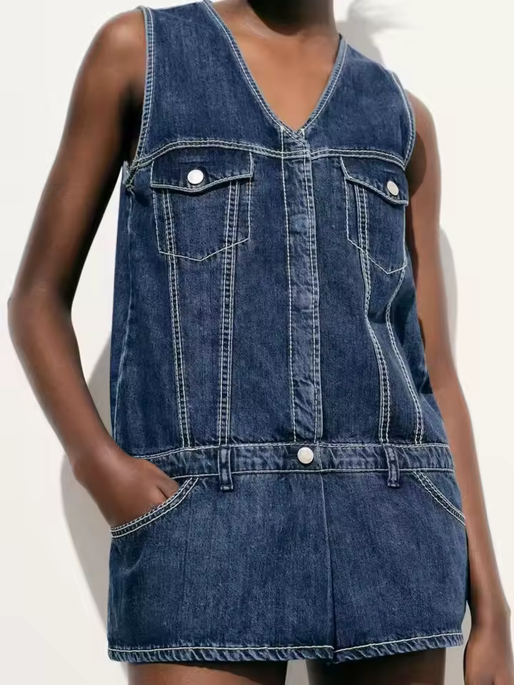 Simple Sleeveless V-neck Pocket Decoration Denim Jumpsuit Mini Dress