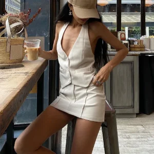 Halter Small Suit Simple Backless Sleeveless Office Two Piece Set