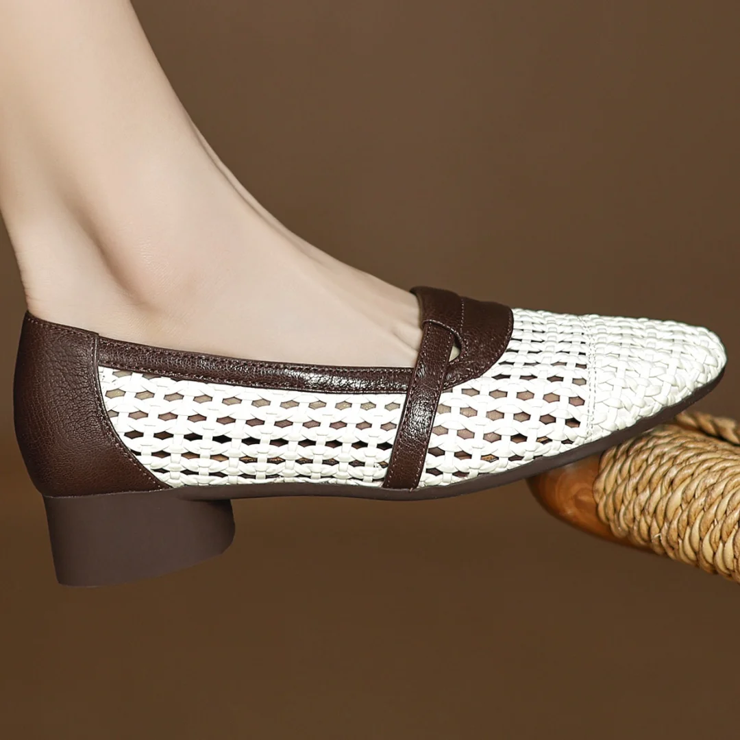 Soft Patchwork Genuine Leather Braided Microfiber Hollow-out Breathable Flats Loafers - Image 4