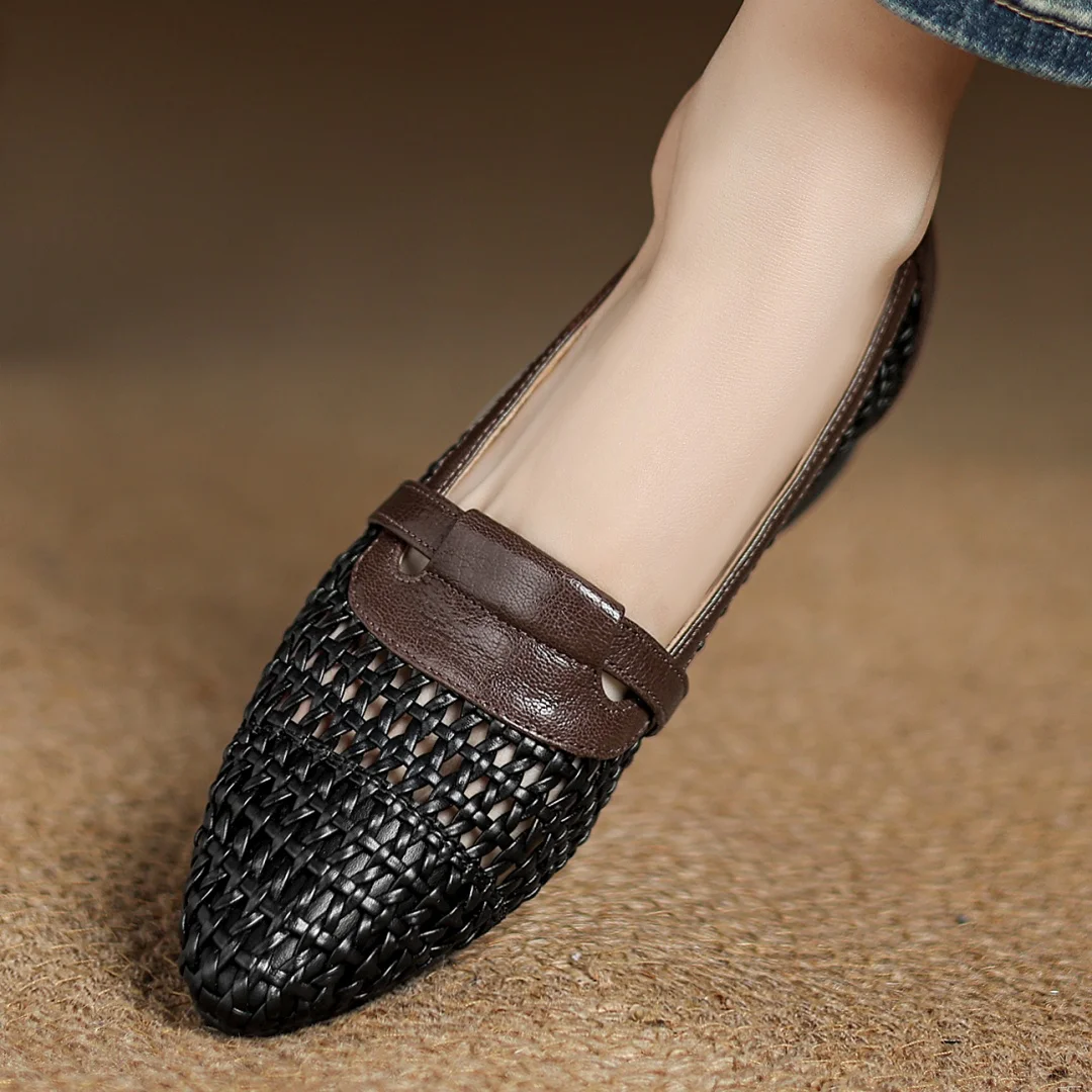 Soft Patchwork Genuine Leather Braided Microfiber Hollow-out Breathable Flats Loafers - Image 11