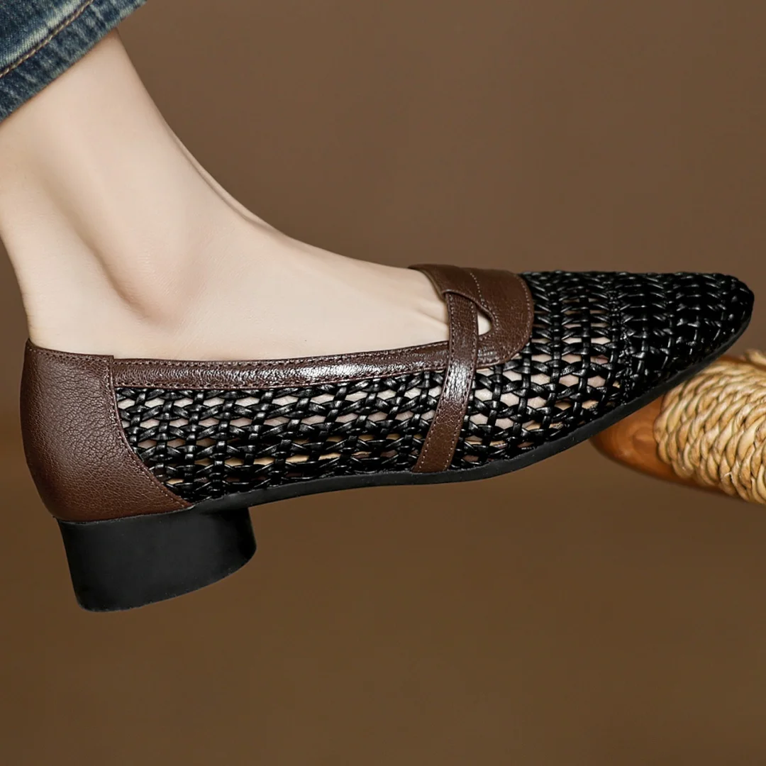 Soft Patchwork Genuine Leather Braided Microfiber Hollow-out Breathable Flats Loafers - Image 12