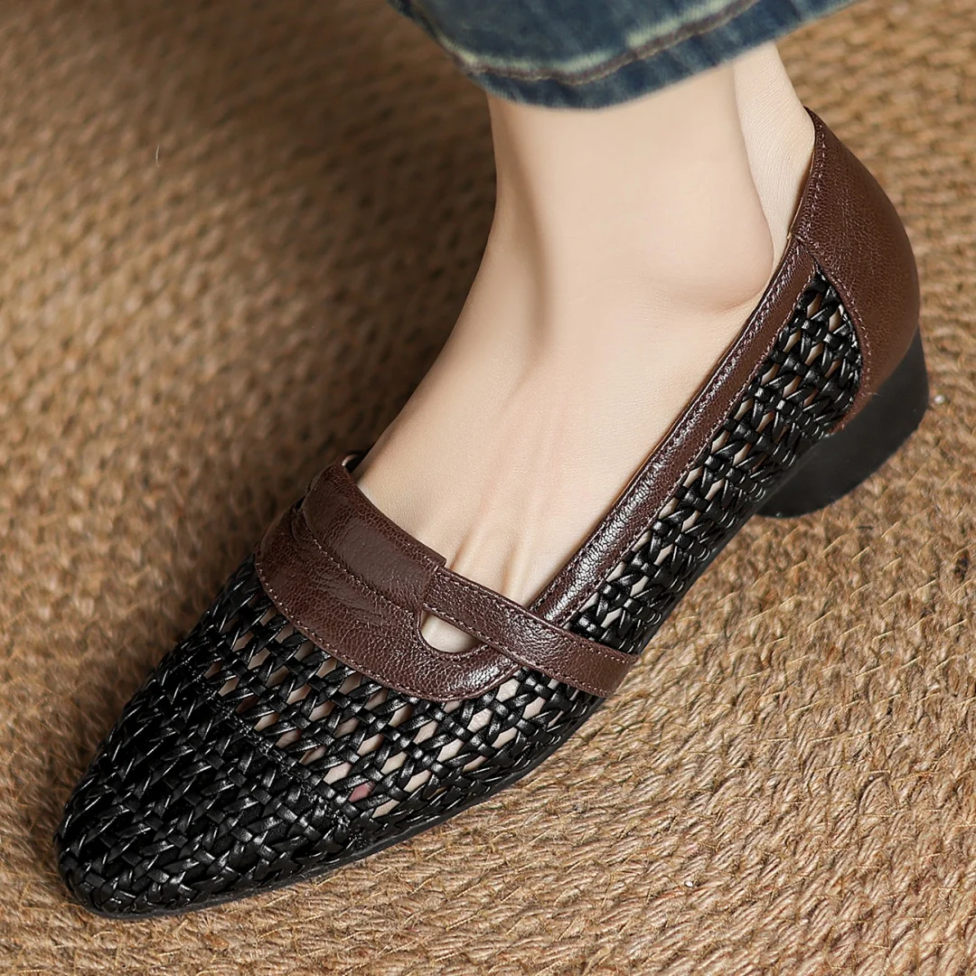 Soft Patchwork Genuine Leather Braided Microfiber Hollow-out Breathable Flats Loafers - Image 9