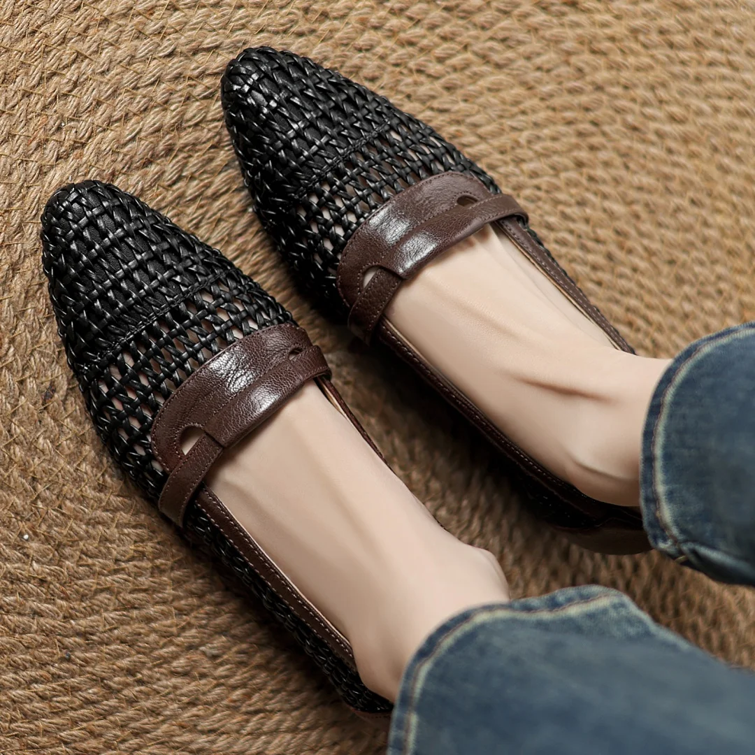 Soft Patchwork Genuine Leather Braided Microfiber Hollow-out Breathable Flats Loafers - Image 7