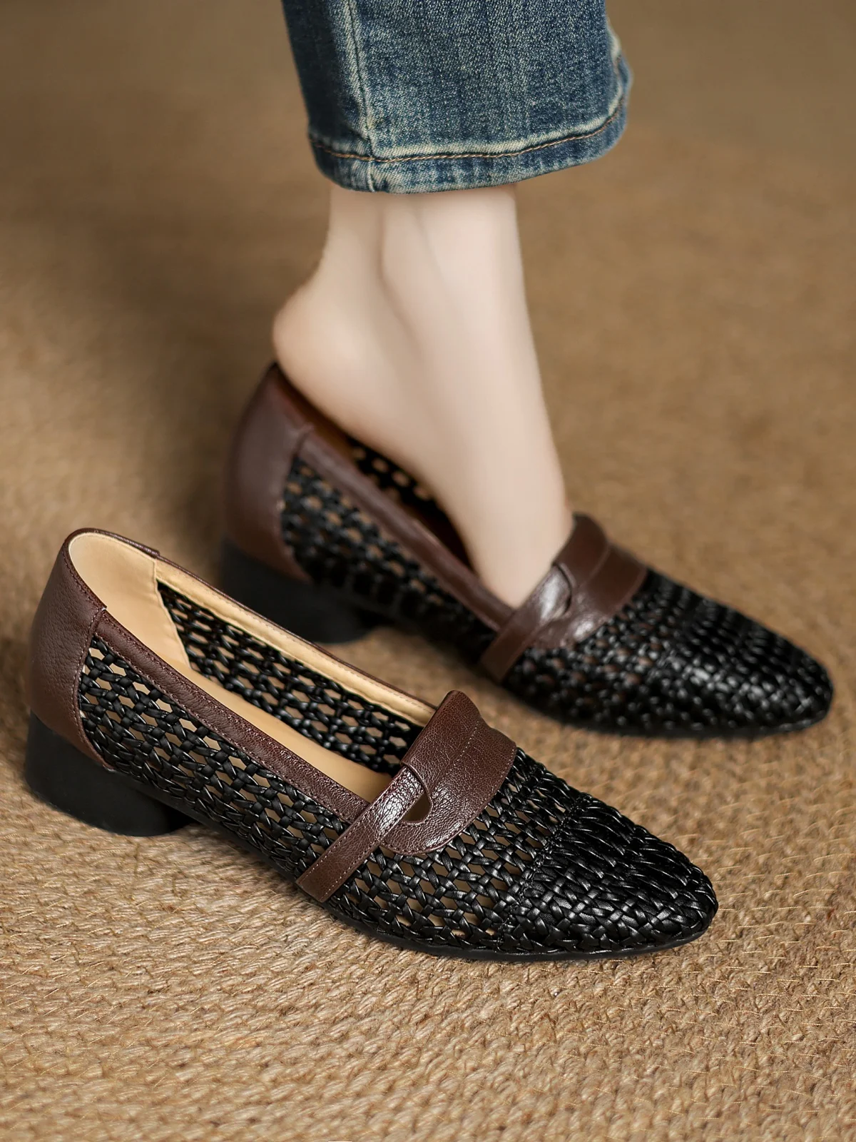 Soft Patchwork Genuine Leather Braided Microfiber Hollow-out Breathable Flats Loafers - Image 8