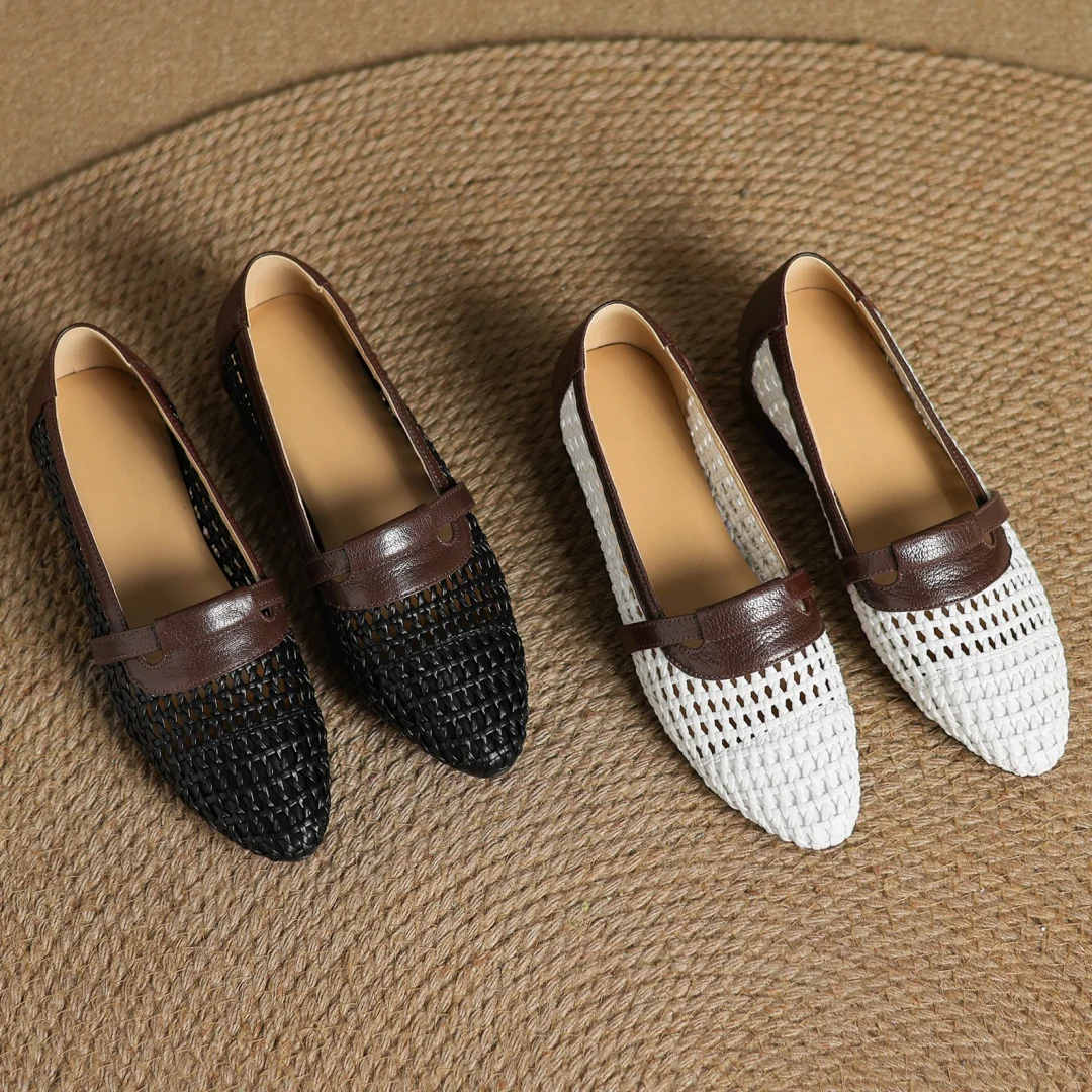 Soft Patchwork Genuine Leather Braided Microfiber Hollow-out Breathable Flats Loafers - Image 21