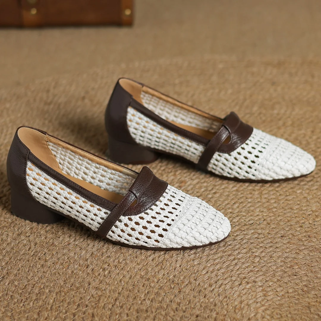 Soft Patchwork Genuine Leather Braided Microfiber Hollow-out Breathable Flats Loafers - Image 5