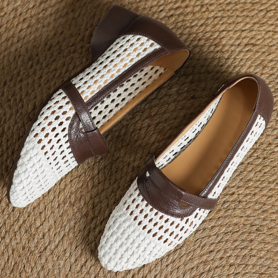 Soft Patchwork Genuine Leather Braided Microfiber Hollow-out Breathable Flats Loafers - Image 6