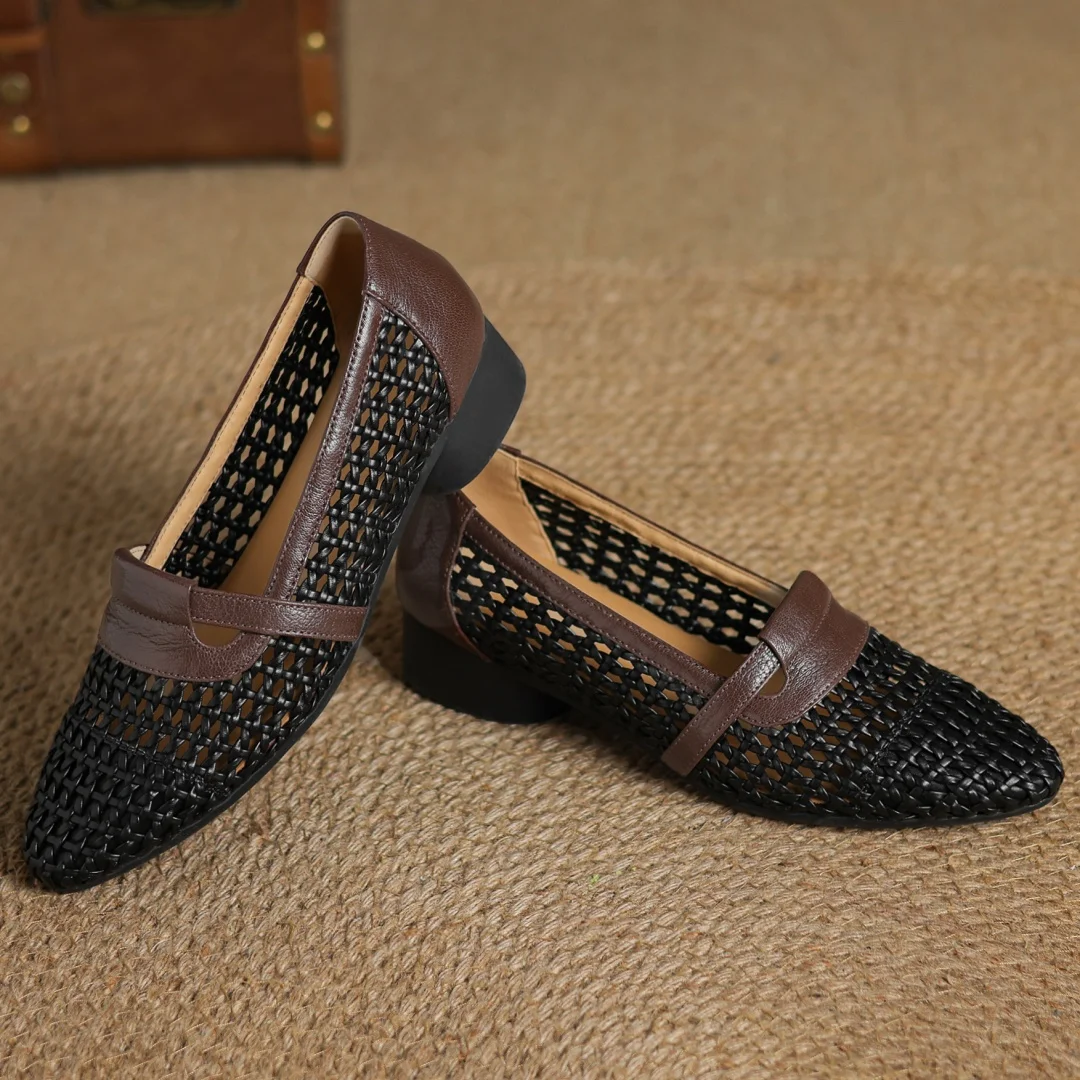 Soft Patchwork Genuine Leather Braided Microfiber Hollow-out Breathable Flats Loafers - Image 13