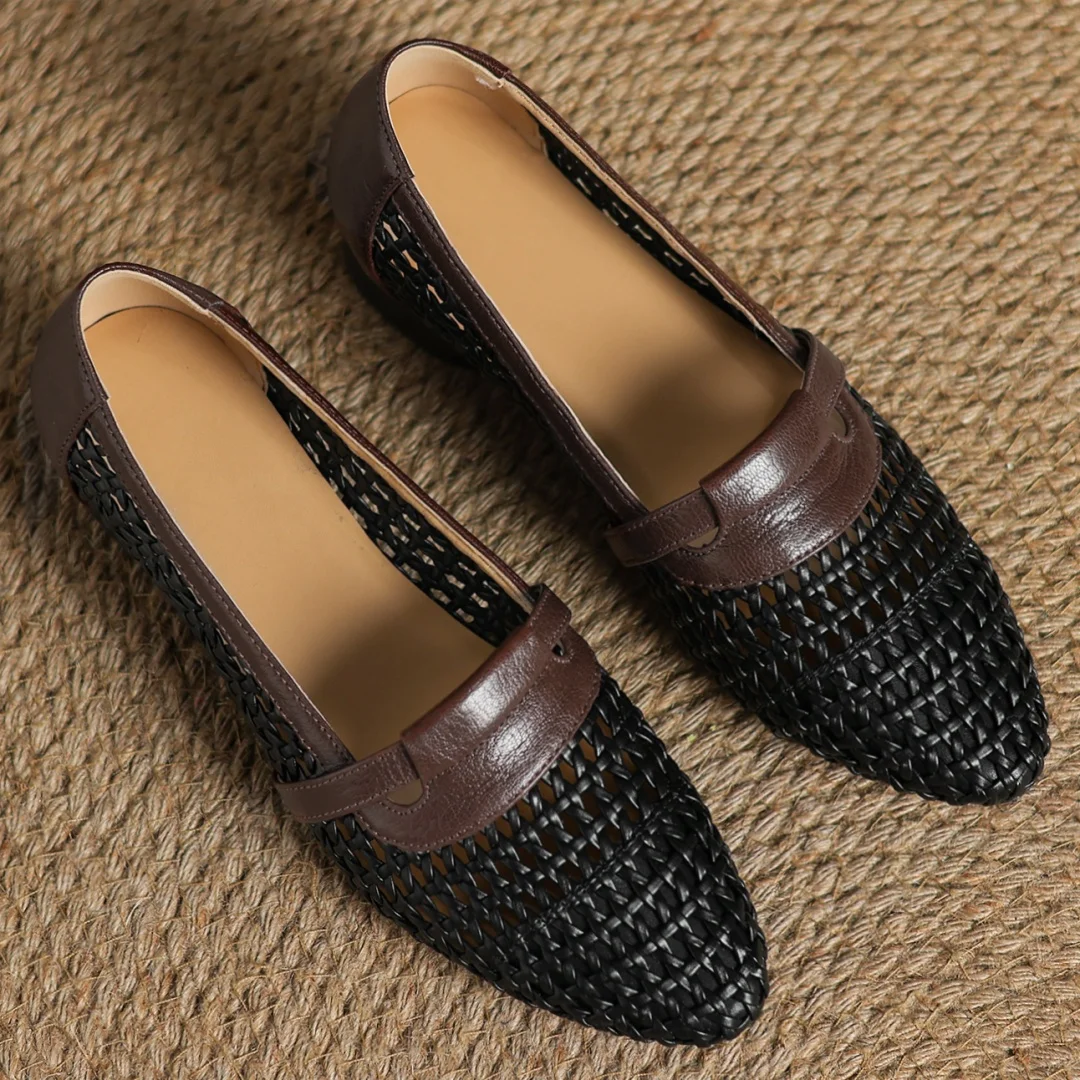 Soft Patchwork Genuine Leather Braided Microfiber Hollow-out Breathable Flats Loafers - Image 14