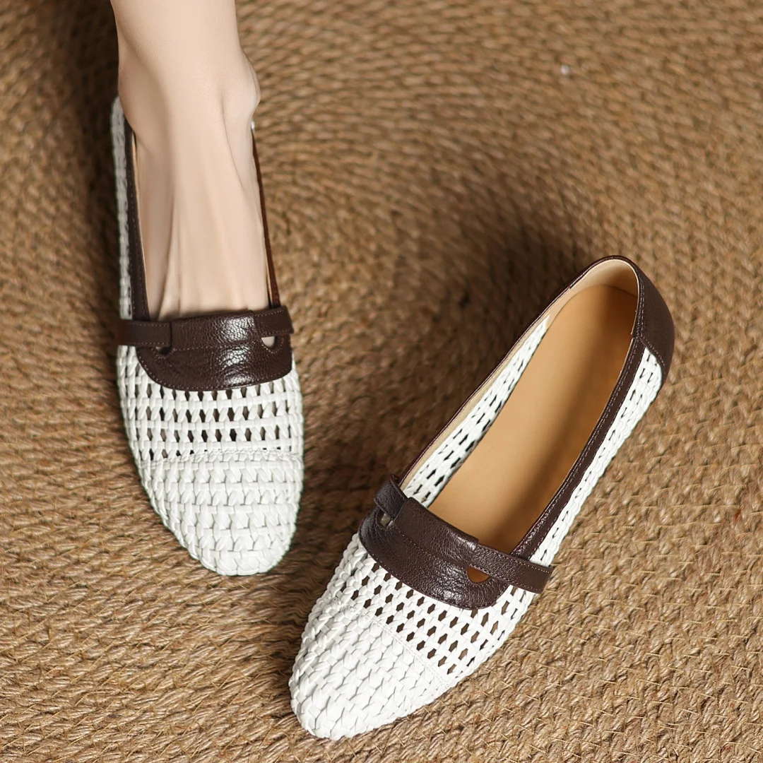 Soft Patchwork Genuine Leather Braided Microfiber Hollow-out Breathable Flats Loafers