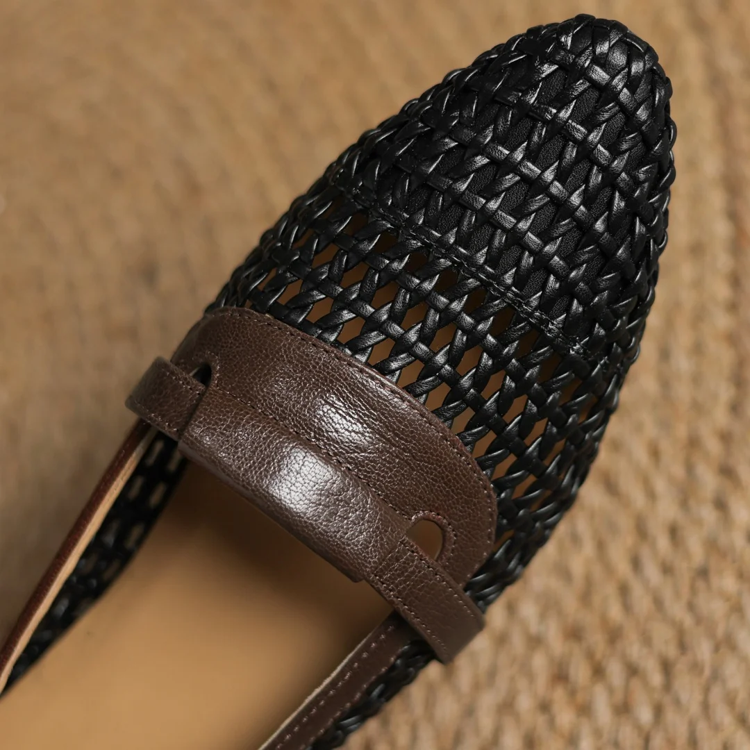 Soft Patchwork Genuine Leather Braided Microfiber Hollow-out Breathable Flats Loafers - Image 15