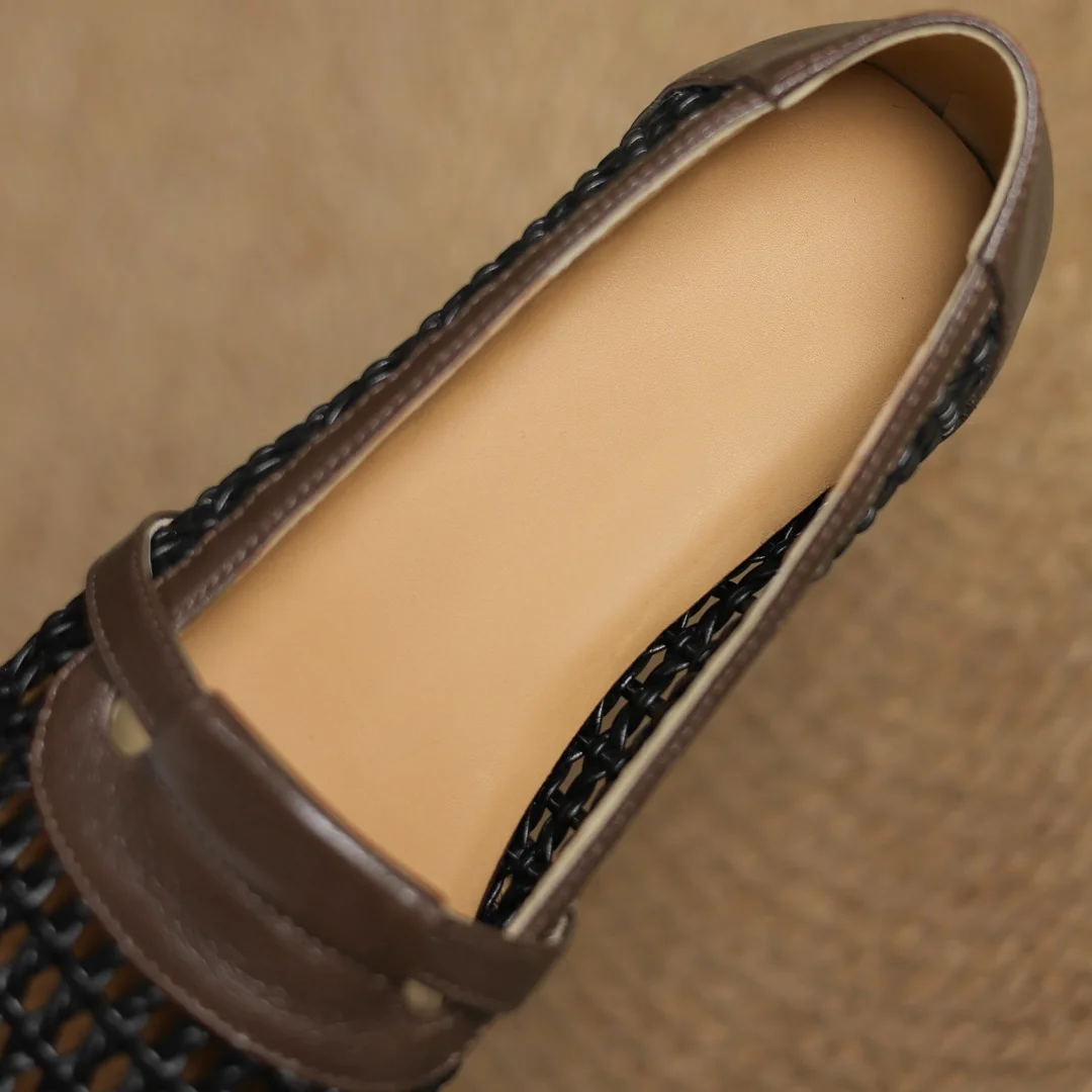 Soft Patchwork Genuine Leather Braided Microfiber Hollow-out Breathable Flats Loafers - Image 16