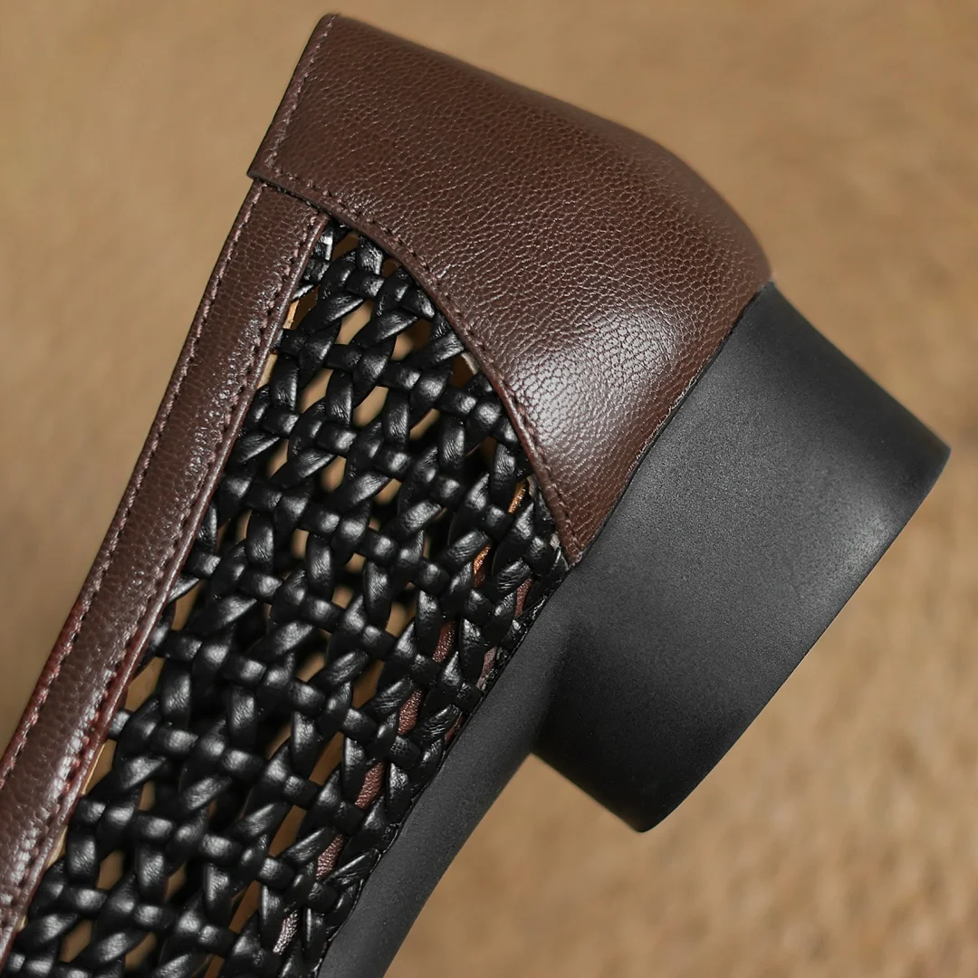 Soft Patchwork Genuine Leather Braided Microfiber Hollow-out Breathable Flats Loafers - Image 18