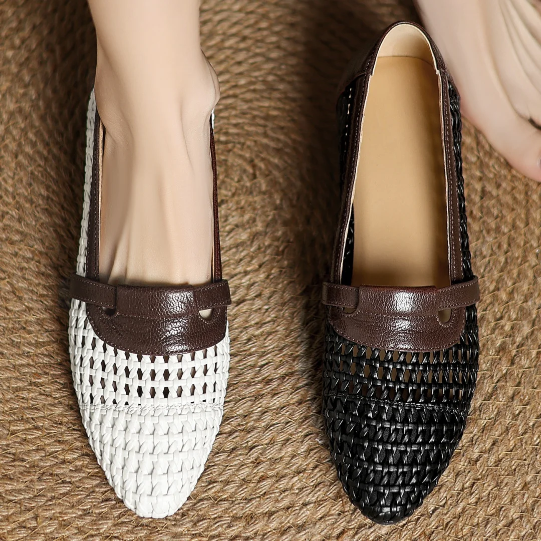 Soft Patchwork Genuine Leather Braided Microfiber Hollow-out Breathable Flats Loafers - Image 20