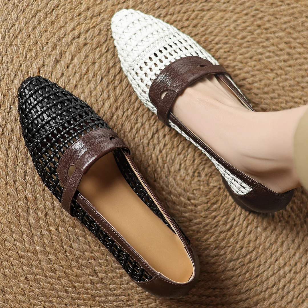 Soft Patchwork Genuine Leather Braided Microfiber Hollow-out Breathable Flats Loafers - Image 19