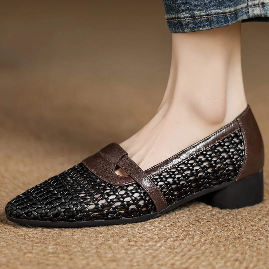 Soft Patchwork Genuine Leather Braided Microfiber Hollow-out Breathable Flats Loafers - Image 10