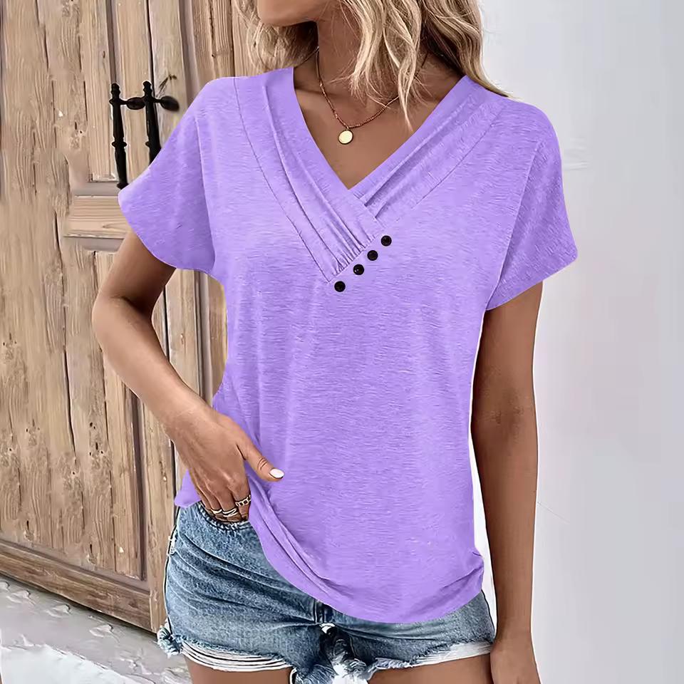 Solid Color V Neck Short Sleeve Basic Tops Tee Streetwear T-Shirts - Image 3