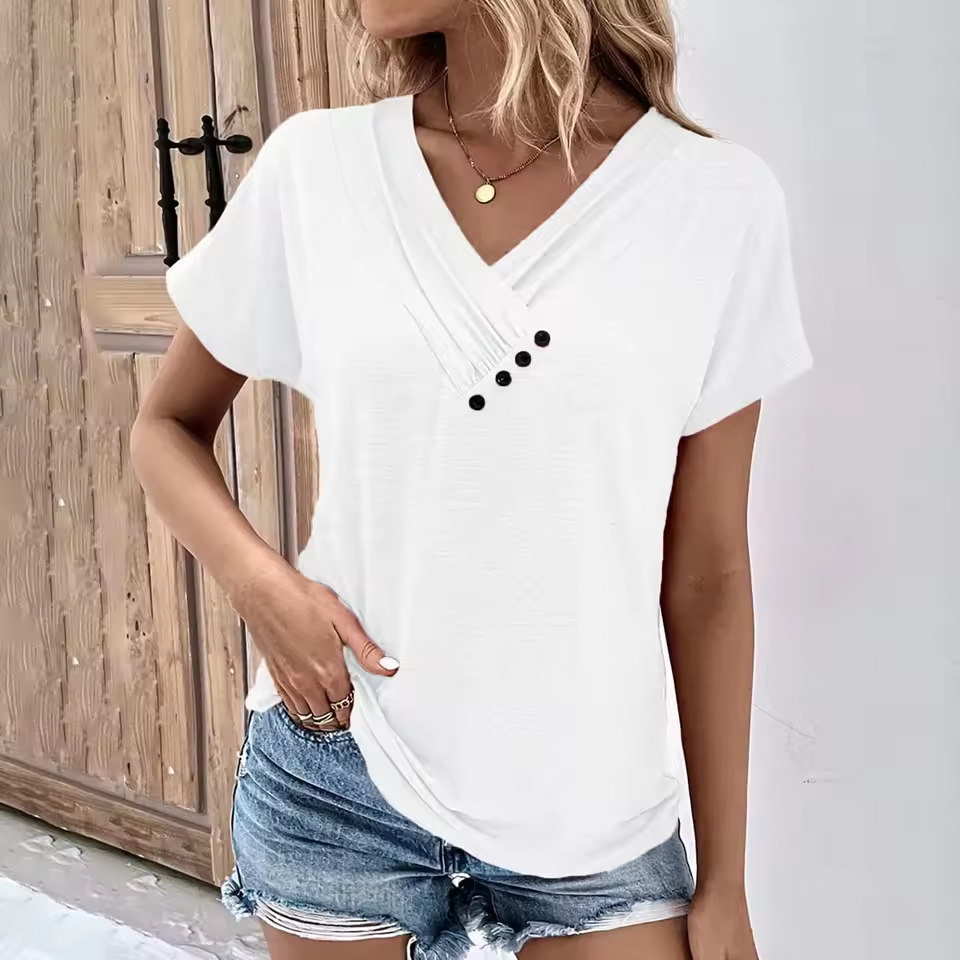 Solid Color V Neck Short Sleeve Basic Tops Tee Streetwear T-Shirts - Image 5