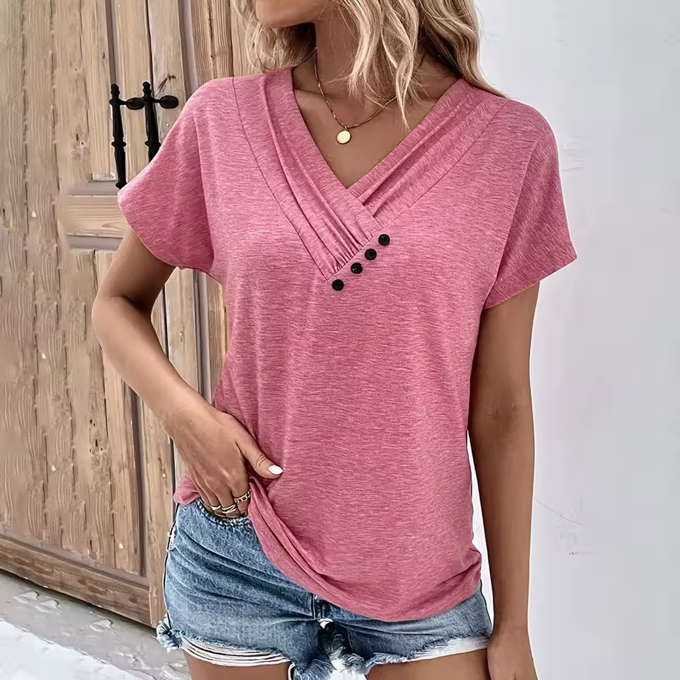Solid Color V Neck Short Sleeve Basic Tops Tee Streetwear T-Shirts - Image 6